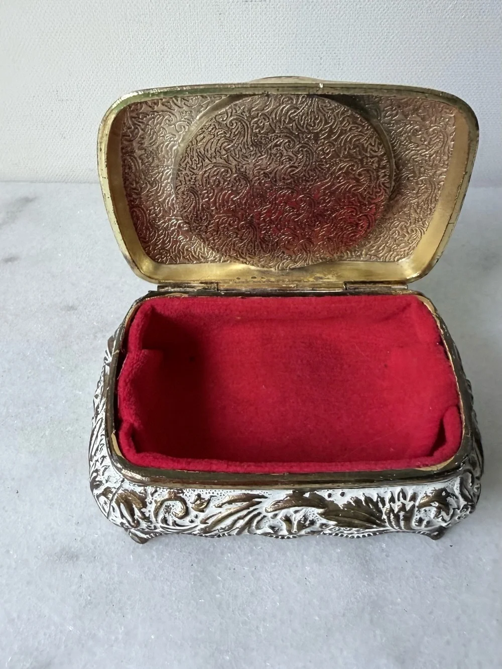 vintage jewelry box is a Victorian Girl Trinket Box a gold metal frame
